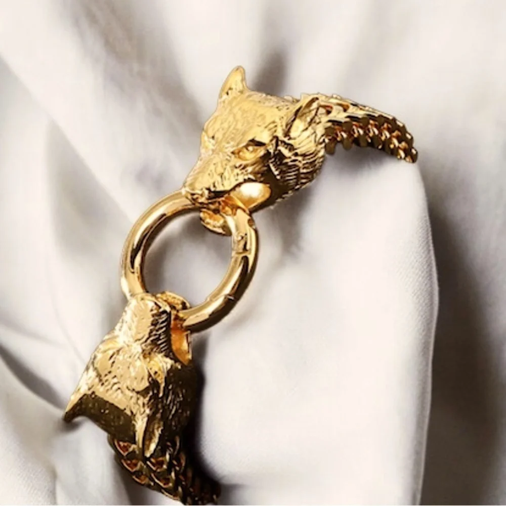 NEW 14k gold Titanium Wolf Head Franco Link Bracelet Mens